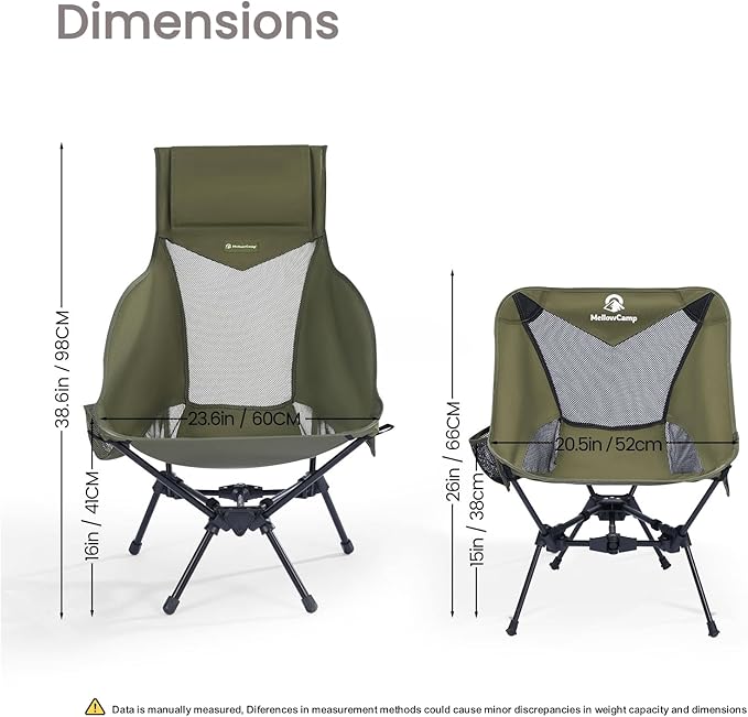 MellowCamp High Back Camping Chair, Oversized Comfort Design Collapsible Camp Chair with Pillow (Green)