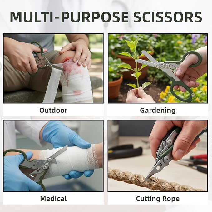 Heavy Duty 6 in 1 Multifunctional Trauma Shears Foldable | Stainless Steel emergency response scissors | Survival Shears with Holster | Medical Trauma shears Tactical With Strap Cutter | Green