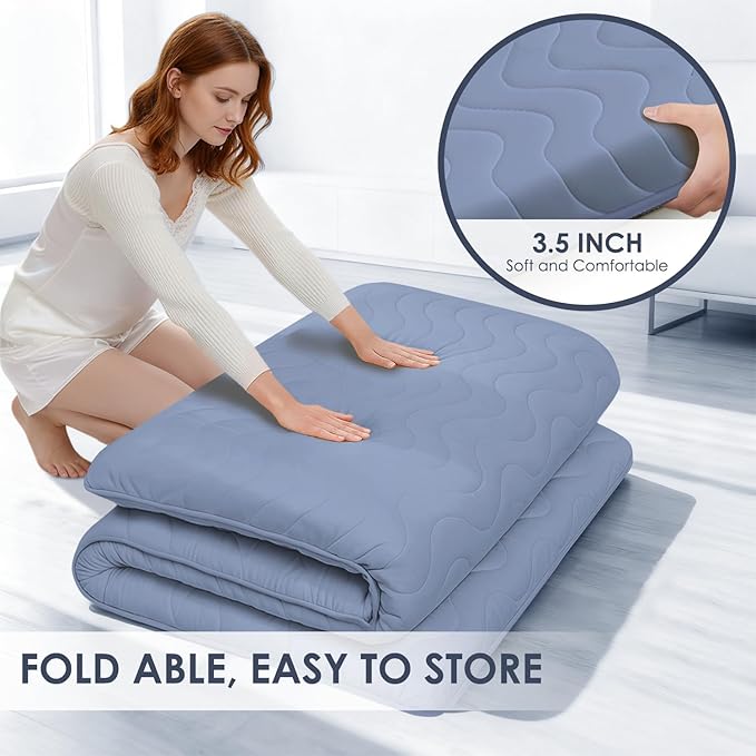 Japanese Floor Mattress, 100% High Density Comfortable Foam, 4" Thicken Foldable Mattress Tatami Mat Sleeping Pad, Ideal for Comfort and Support, Kids Floor Lounger Pillow Bed Sofa, Blue, Queen