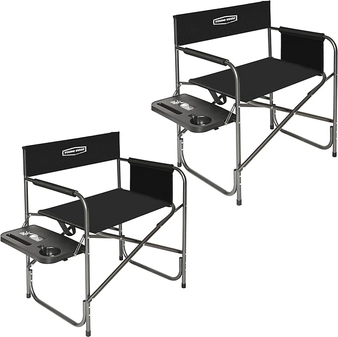 YOUNG WOOD Camping Directors Chair with Side Table, Foldable and Portable, Fishing,Trip,Picnic,Hike，Lawn,Sports,Beach,Outdoor Camping Chair for Adults,Drink Holder and Mobile Storage,2p