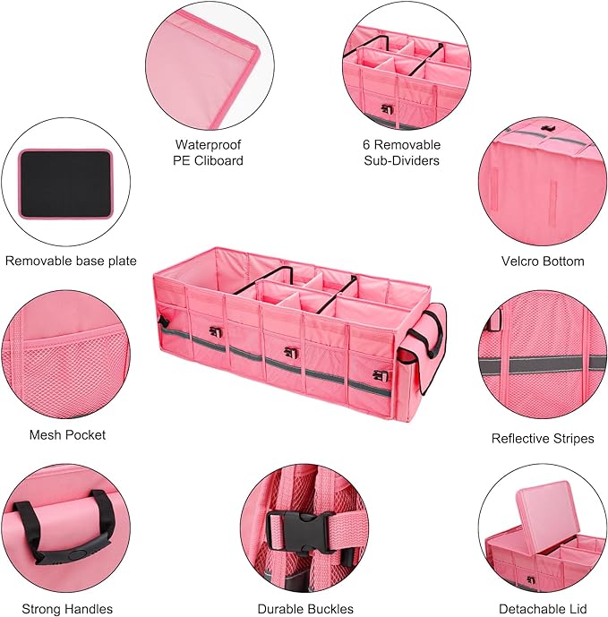 Car Trunk Organizer and Storage with Lid & Removable Leakproof Cooler Bag, Car Accessories 6 Removable Dividers for Custom Space, Collapsible Large Trunk Organizers Interior for SUV & Sendan, Pink