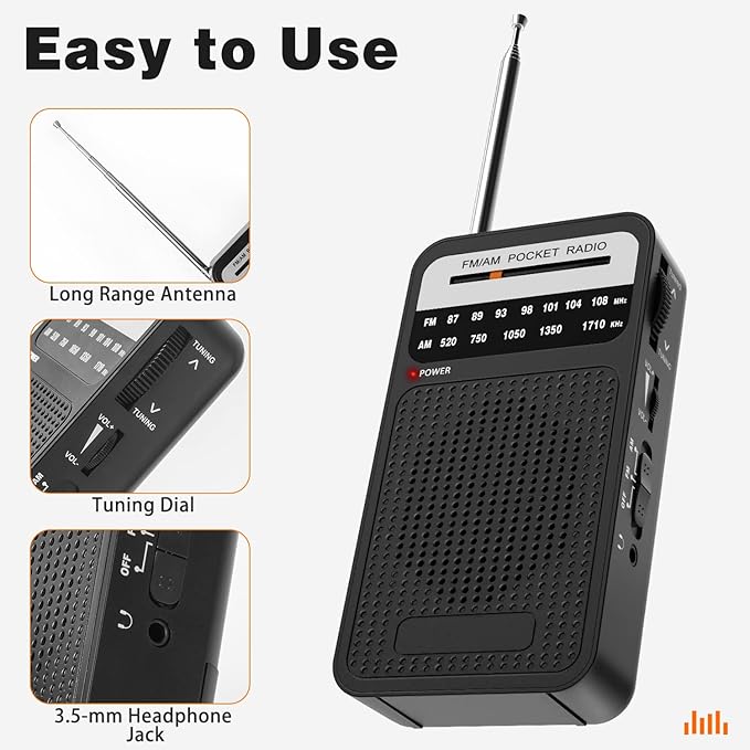 Portable Radio AM FM with Best Reception, Goodes Transistor Radio with Loud Speaker, 2AA Battery Operated, Headphone Jack for Indoor, Outdoor and Emergency Use-Black