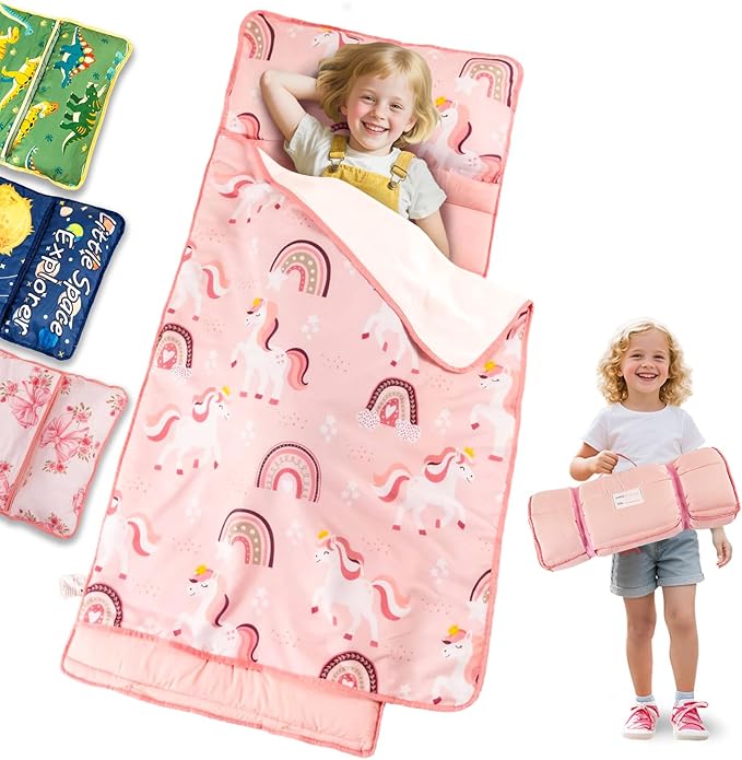 Primlect Lightweight Toddler Nap Mat, Portable Rolled Design Perfect for Daycare Travel, 51”x31 All-in-One Sleeping Bag with Removable Pillow and Fleece Blanket for Boys Girls, Machine Washable