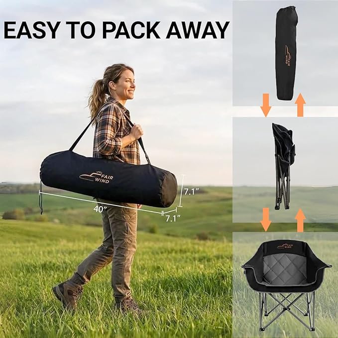 FAIR WIND 2 Pack Oversized Padded Camping Chair Heavy Duty Quad Fold Arm Chair Portable for Outdoor - Support 500LBS, Black
