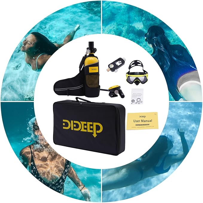 Mini Scuba Tank,1L Capacity Refillable Oxygen Cylinder with Carrying Strap and Diving Glasses,15-20 Minutes Breathing Capacity, Underwater Diving Gear for Emergency Rescue,Snorkeling