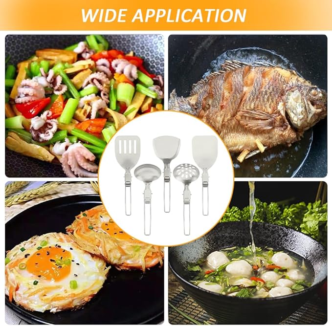 Camping Kitchen Utensil Set, 5Pcs Portable Foldable Stainless Steel Outdoor Cooking Utensil, Practical Folding Soup Ladles Strainer Spatula Kitchen Gear for Outdoor Camping