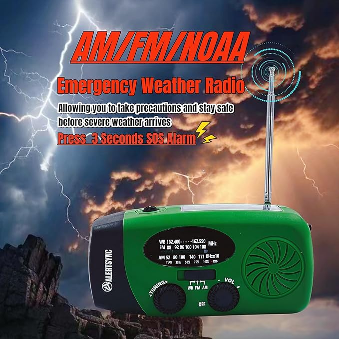 5000mAh Hand Crank Emergency Weather Radio, AM FM NOAA Solar Radio with Led Flashlight and Earphone Jack, Charger for Smartphone, USB-C Cable/Self Powered with SOS Alarm (Green)
