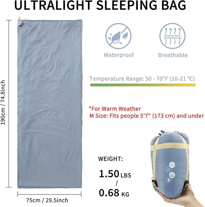 NewDoar Ultralight Backpacking Sleeping Bag - 50-70°F, 1.5lbs, Waterproof & Machine Washable, 2-Way Zipper for Teens,Couples,Women,Men Compact for Hiking/Camping (M/L Sizes)