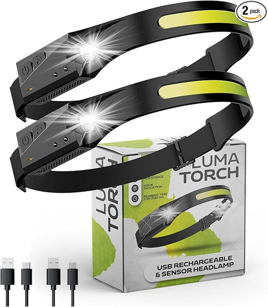 LED Headlamp Rechargeable 2 Pack, 230° Wide Beam Head Lamp with Motion Sensor for Adults - Camping Accessories Gear, Waterproof Head Light Flashlight for Hiking, Running, Repairing, Fishing, Cycling