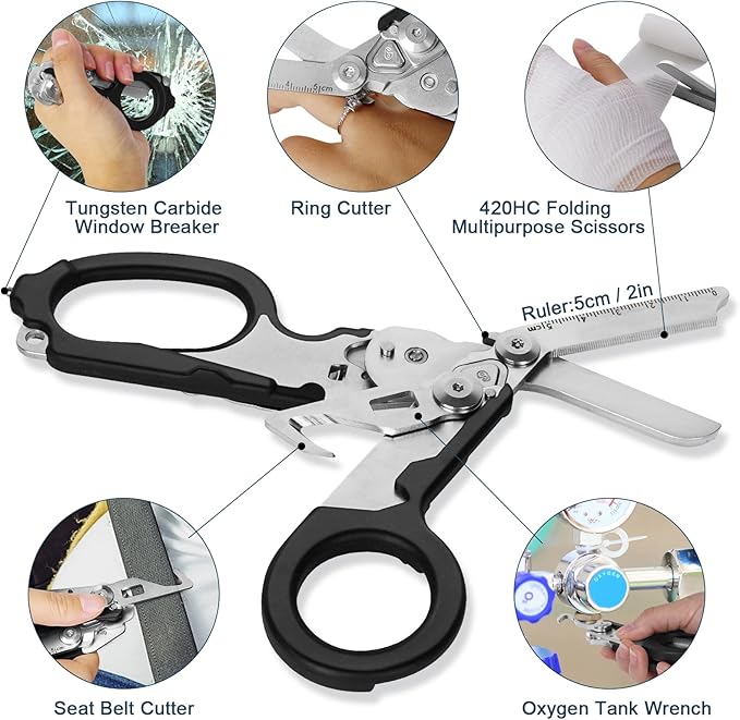 6 In1 Multifunction Emergency Response Shears, Stainless Steel Foldable Trauma Shears with Strap Cutter and Glass Breaker,Medical Scissors with Holster and Penlight