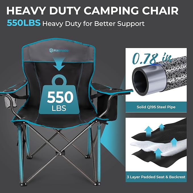 FUNDANGO Oversized Camp Chair, 2 Pack,550lbs Heavy Duty Portable Foldable Lawn Chair with Padded Lumbar Support Seat & Back, 4-can Cooler & Cup Holder, Carry Bag Included for Outdoor (Black/Grey)