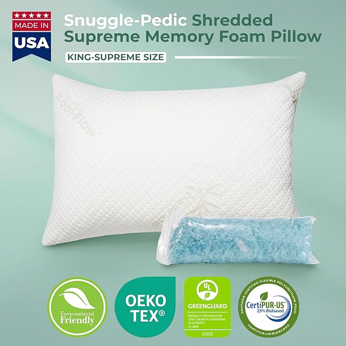 Snuggle-Pedic King Size Shredded Memory Foam Sleeping Pillow - Cooling Supportive Neck & Spine Alignment for Side Sleepers, Maternity Relief, Posture Correction & Dorm Use - USA Quality