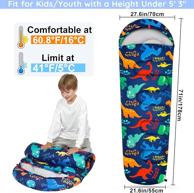FIOBEE Kids Sleeping Bag for Girls Boys 3 Season Warm & Cool Weather Youth Camping Sleeping Bags with Backpacking Bag Waterproof for Traveling Hiking Indoor Outdoor Camping Essentials