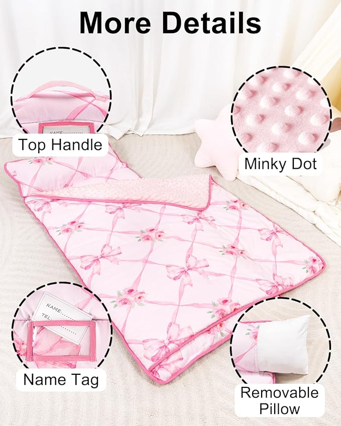 Primlect Thickened Toddler Nap Mat with Removable Pillow and Minky Blanket, Extra Large 55''x35'' Sleeping Bag, Washable, Roll up, Perfect for Daycare, Preschool, Kindergarten, Boys and Girls Bow