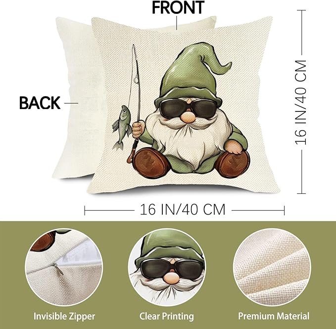 Happy Camper Gnome Green Decorative Throw Pillow Covers 16 x 16 Set of 4, Camping Life is Better Around The Campfire Porch Outdoor Home Decor, Adventure Campsite Mountain Couch Cushion Case