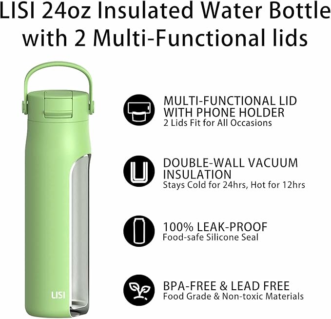 LISI 24oz Insulated Water Bottle, Double Wall Stainless Steel Water Bottles with Straw, 100% Leak-Proof Travel Thermal Canteen Mug with 2 Lids (Straw, Phone Holder Lid)
