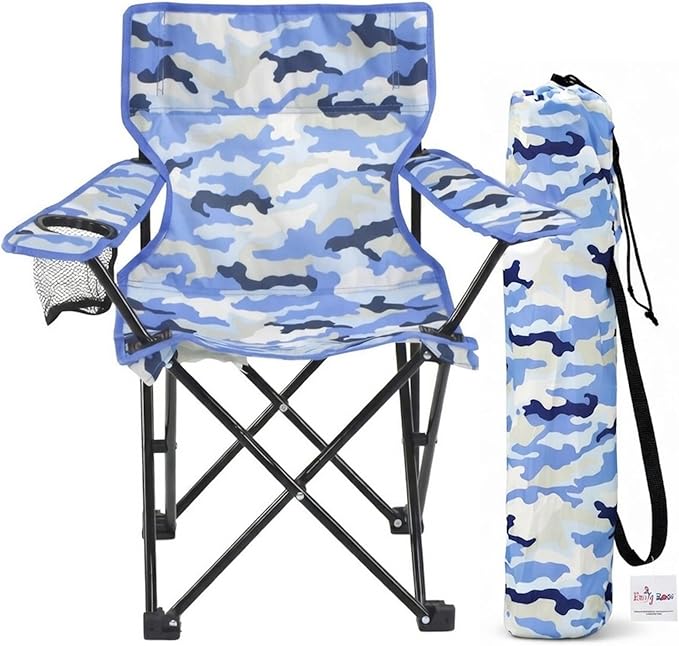 Emily Rose Kids Folding Beach Camp Chair with Safety Lock - Camping Travel Chair for Boys Girls Toddlers Ages 2-7 with Cup Holder & Carry Case (Blue Camo) Indoor Outdoor Lightweight USA Brand