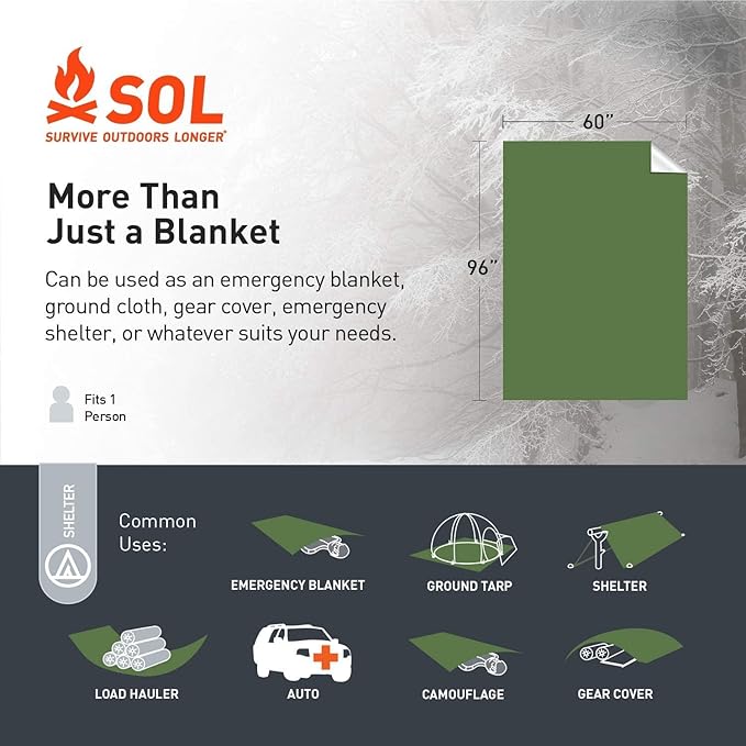 S.O.L. Survive Outdoors Longer 90% Heat Reflective Heavy-Duty Emergency Blanket - Thick, Rugged for Disaster Preparedness Kit - Waterproof, Windproof, Tear-Resistant - 58" x 98", 3.2 oz, Green