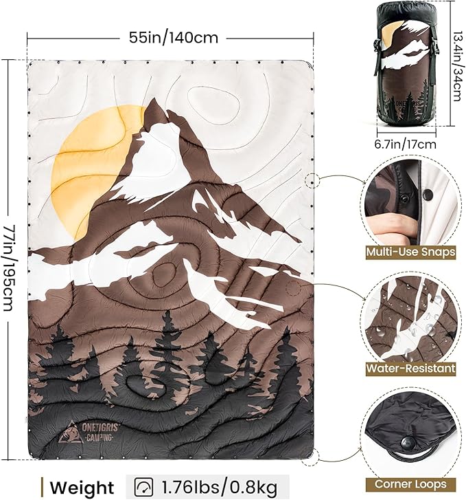 ONETIGRIS Ultralight Camping Blanket,Waterproof Stadium Blanket Poncho Packable Puffy Quilt Puffy Printed Camping Blanket with Snap Buttons & Corner Loops