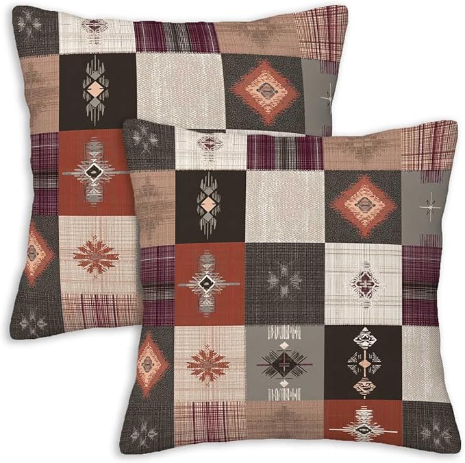 Southwestern Throw Pillow Covers 18x18 Set of 2 | Boho Tribal Patchwork Cushion Covers | Rustic Western Decorative Pillow Cases for Couch Sofa Living Room Bedroom | Bohemian Home Decor