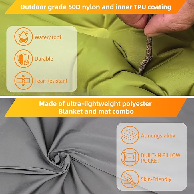 Camping Sleeping Pad, Extra Thick 5.1 Inch Self Inflating Camping Pads with Ultralight Sleeping Bag Liner, Camping Mat with Pillow & Foot Pump for Outdoor Hiking, Backpacking, Travel (Green)