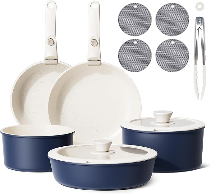 Caannasweis Detachable Nonstick Cookware Set - Stackable Induction Pots and Pans With Removable Handles, Dishwasher Safe - For RV Camping, Oven and Stovetop Use, 5 Pieces (Blue)