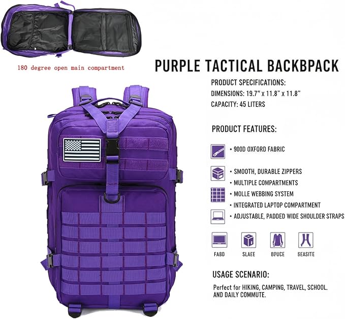 45L Military Tactical Backpack for Men & Women Bug Out Bag Assault pack Molle Daypack Hiking Trekking Rucksack(45L purple)