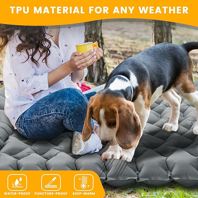 Double Sleeping Pad for Camping, 4" Extra-Thick Ultralight Mat with Built-in Foot Pump & Pillow for Backpacking, Hiking, and Travel Tent, Car Camp Gear