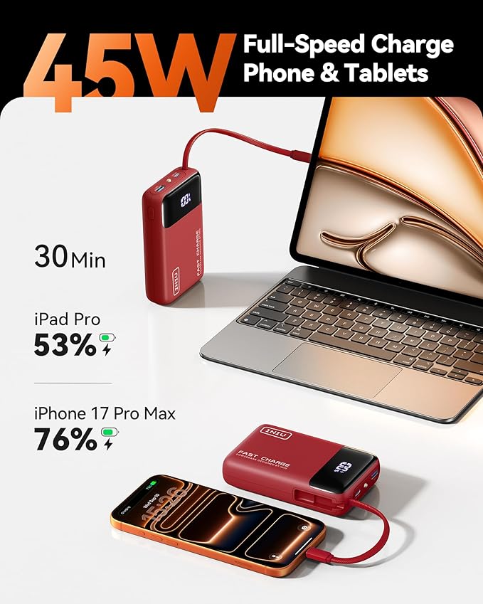 INIU Portable Charger, Compact 20000mAh Power Bank with Build in USB-C Cable, 45W Fast Charging Mini Powerbank, Flight Cruise Ship Travel Essentials Phone Charger for College Student Boys Girls, Red
