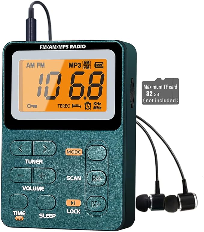 Portable Radio AM FM, Rechargeable Pocket Speaker with Best Reception Digital Tuning, MP3, Stereo Earphone, Large LCD Screen, TF Card Socket, Transistor Radio for Jogging/Gym/Camping…