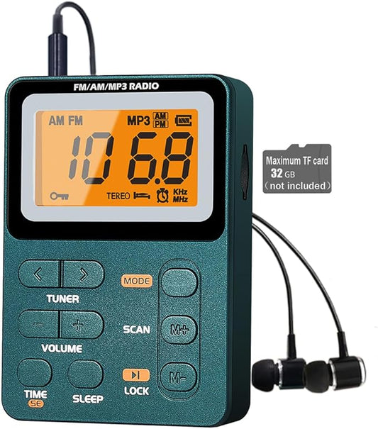 Portable Radio AM FM, Rechargeable Pocket Speaker with Best Reception Digital Tuning, MP3, Stereo Earphone, Large LCD Screen, TF Card Socket, Transistor Radio for Jogging/Gym/Camping…