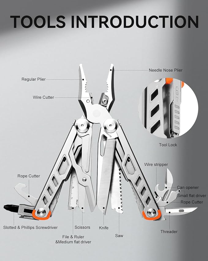 Multitool 15-in-1 Stainless Steel Multi Tool Pliers with Knife, Spring-Action Pliers and Scissors, Multitool for Survival, Camping, Hiking, Gifts for Men (Grey)
