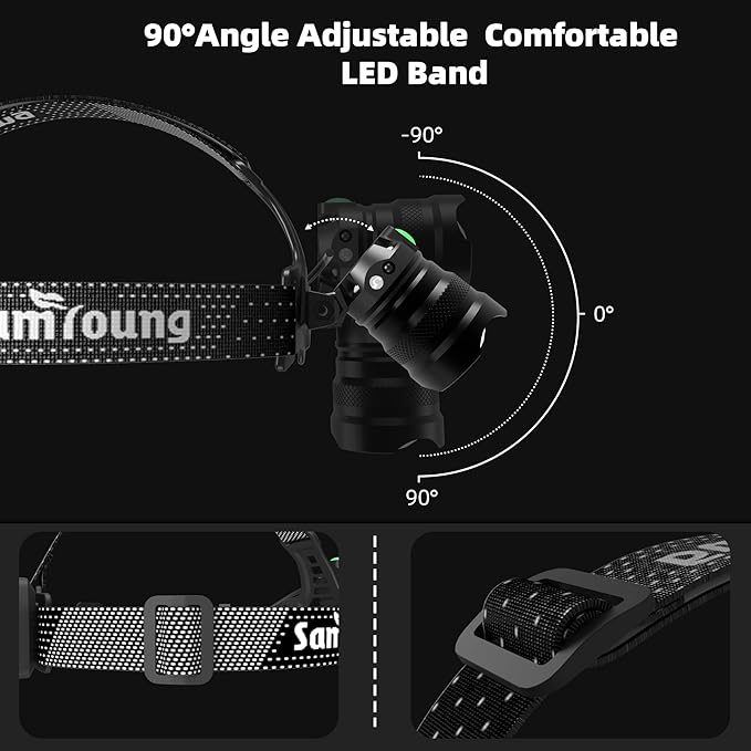 Samyoung High Lumens Headlamp Rechargeable, 7 Modes 50H Long Lasting Head Lamp, Motion Sensor Zoomable Headlamps for Adults, 90° Adjustable IP67 Waterproof Head Light for Hiking Camping Hardhat