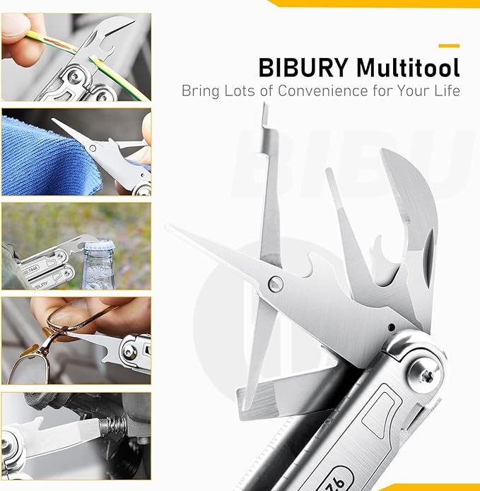 BIBURY Multitool with Pocket Knife, 19-in-1 Stainless Steel Pliers with Scissors, Self-locking Multi tools with EDC Sheath for Home, Camping, Hiking, Survival, Gifts for Men, BI2038A