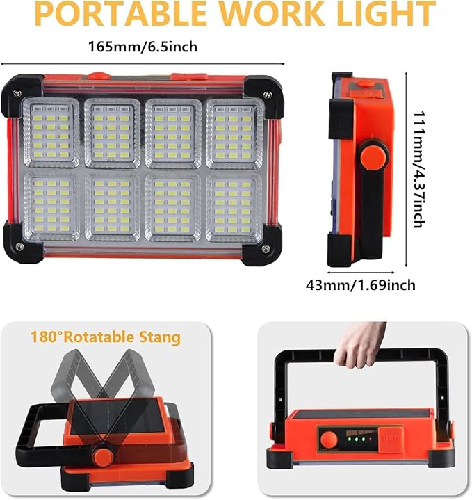 Vcwtty 120W LED Solar Work Light, 144 LED 10000LM Portable Flood Light with Stand, Orange 4 Modes Rechargeable, IP65 Waterproof Outdoor Working Light for Camping, Fishing, Car Repair & Mechanics (1)