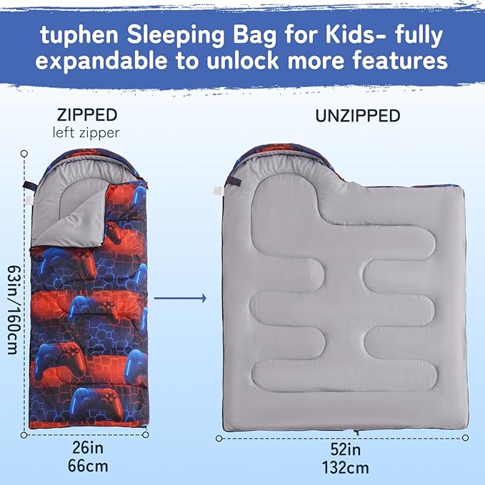 tuphen Kids Sleeping Bag - 50-77℉ 3-Season Waterproof Sleeping Bag for Boys & Girls, Lightweight 2.2 lbs Camping Gear with Compression Bag Ideal for Camping, Hiking, Indoor