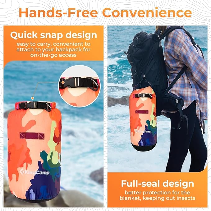 KingCamp Ultralight Camping Blanket, Packable Down Alternative Puffy Printed Wearable Blanket with Snap Buttons & Corner Loops Weatherproof Quilt for Outdoor Travel Stadium (79" L x 57" W, Colorful)