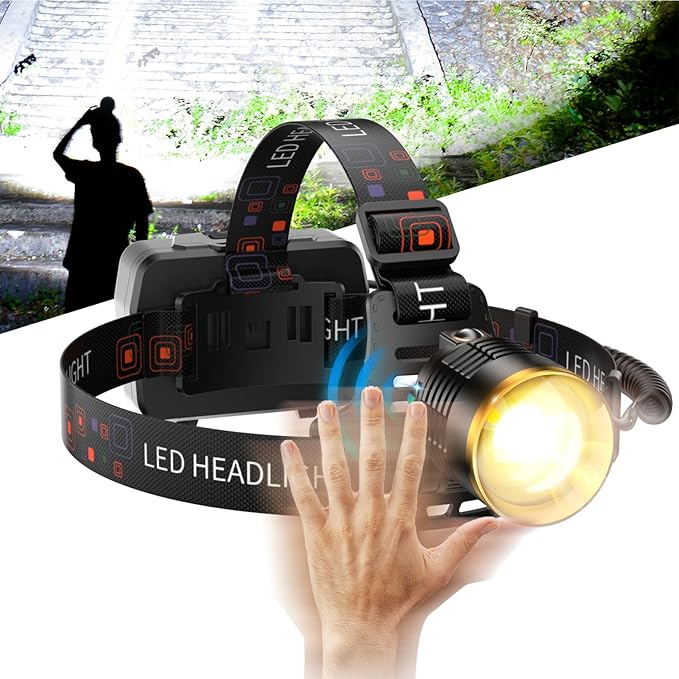 SKYFIRE Rechargeable Headlamp Motion Sensor, LED Super Bright Head lamp with 7500mAh Battery, Zoomable Adjustable Head Light for Cycling Camping Hiking - Dual Light Sources Yellow & White Light