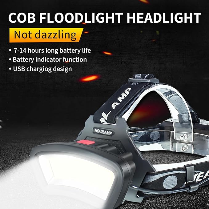 Headlamp LED Headlight Rechargeable 22000 High Lumen USB Head Light, Head Lamp COB Floodlight with Red Light for Adults - Night Fishing, Construction, Maintenance - 90° Adjustable