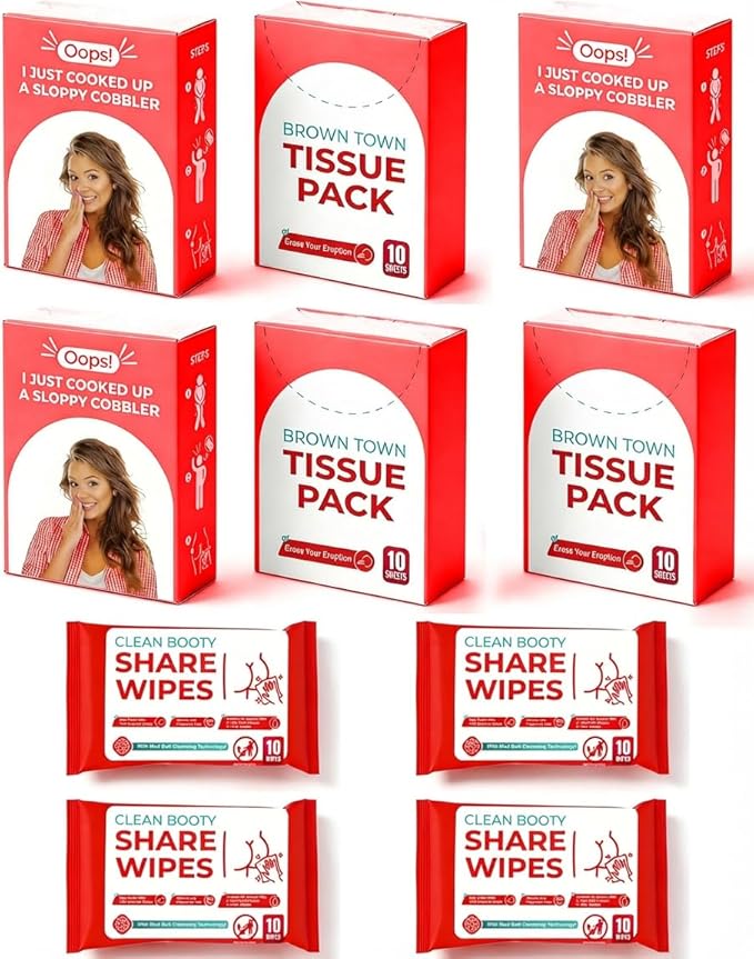 Funny Sharting Survival Set - Gag Gifts for Men, Boyfriend, Husband Birthday - Emergency Potty Humor Prank Gift Includes 4pcs Wet Wipes & 6pcs Toilet Paper - Hilarious Fart Novelty Gift for Adults