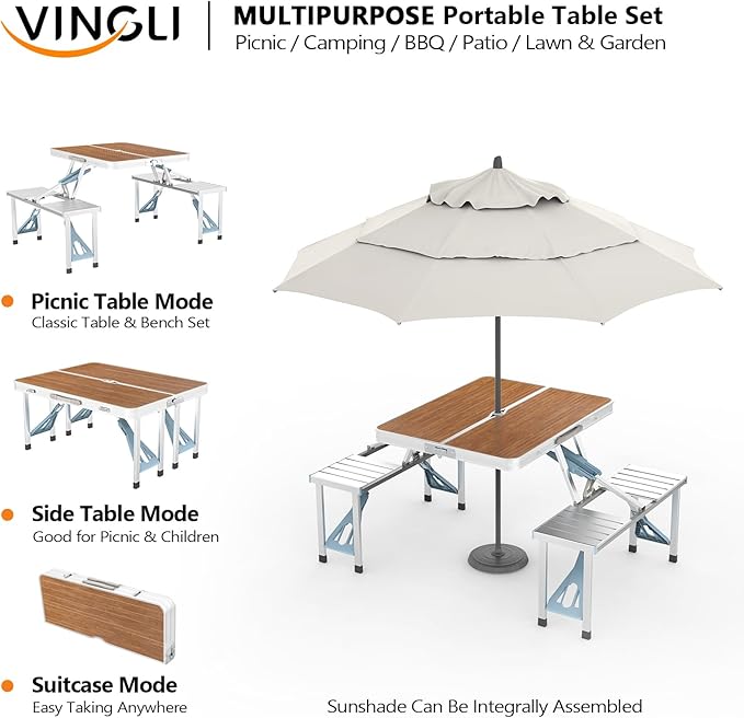 VINGLI 4 Ft Camping Picnic Table Set with 4 Seats with Umbrella Hole Folding Lightweight Suitcase Card Table-220 Lbs Support Aluminum Frame, Plastic RV Tabletop for Barbecue,Travel,Outing,Gathering