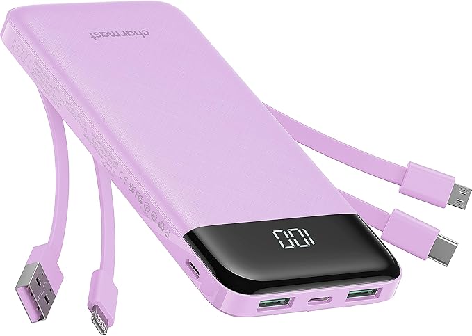 charmast Portable Charger with Built in Cables, Power Bank with Cords Wires, Slim 10000mAh Travel Battery Pack 6 Outputs 3 Inputs 6A Fast Charging for Samsung Google Pixel LG Moto iPhone iPad