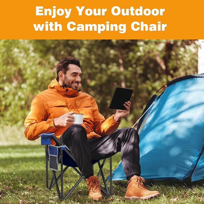 2PCS Folding Camping Chair Portable Outdoor Heavy Duty Padded Chairs Lawn Chair with Cup Holder, Storage Pocket and Cooler Bag, Supports 480LBS Blue
