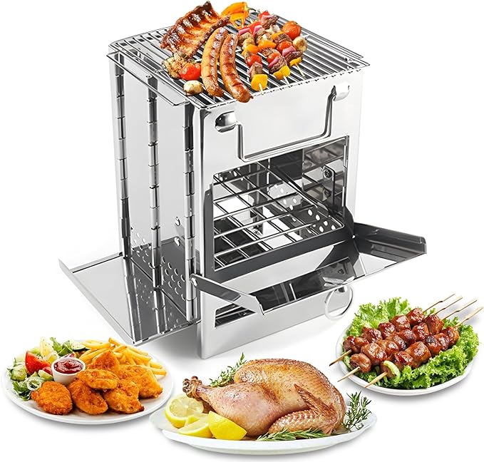 Portable Stainless Steel Outdoor Charcoal Grill, Folding with Cooking Grates and Shelves,Small BBQ Grill for Outdoor Cooking Backyard Camping Picnics Beach,7.9 x 7.9 x 10.7 IN