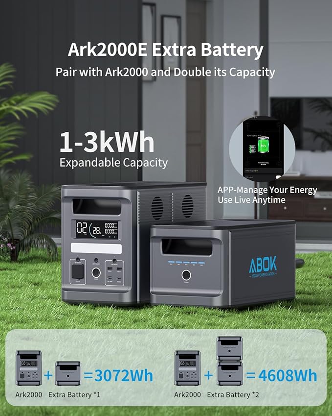 1536Wh Extra Battery ABOK LiFePO4 Battery, pairs with Ark2000, Expandable up to 4.6kWh, 1.3 Hr Fast Charge, App, 2000W Solar Generator for Camping, Emergency, RV, Clean Energy
