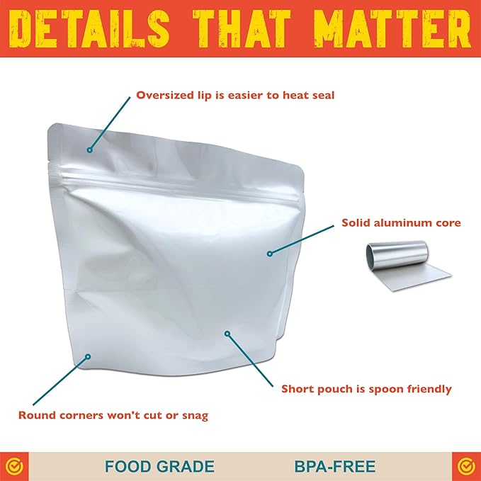 MRE Mylar Bags, 16 Mil Total Thickness, Stand-Up Resealable Pouches for Long-Term Food Storage, Freeze Dried Meals & Backpacking [50-Pack | 9" x 6.5" x 4.25"]