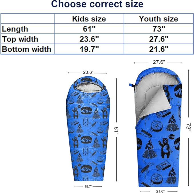 KidzAdventure Mummy Style 32 – 59F Kids Sleeping Bag with Pillow Sleeve, 4 Season, Lightweight and Backpacking Style, Ideal for Camping, Sleepover, Boys, Girls, and Youth