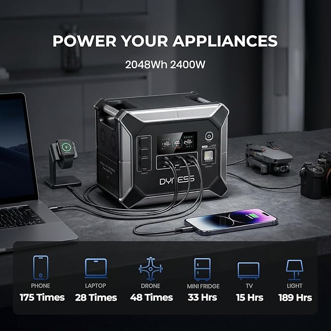 DYNESS 2048Wh Portable Power Station, 2400W Solar Generator with UPS, APP Control, LiFePO4 Battery, 13 Outputs, Quiet Backup Power for Home, RV, Camping