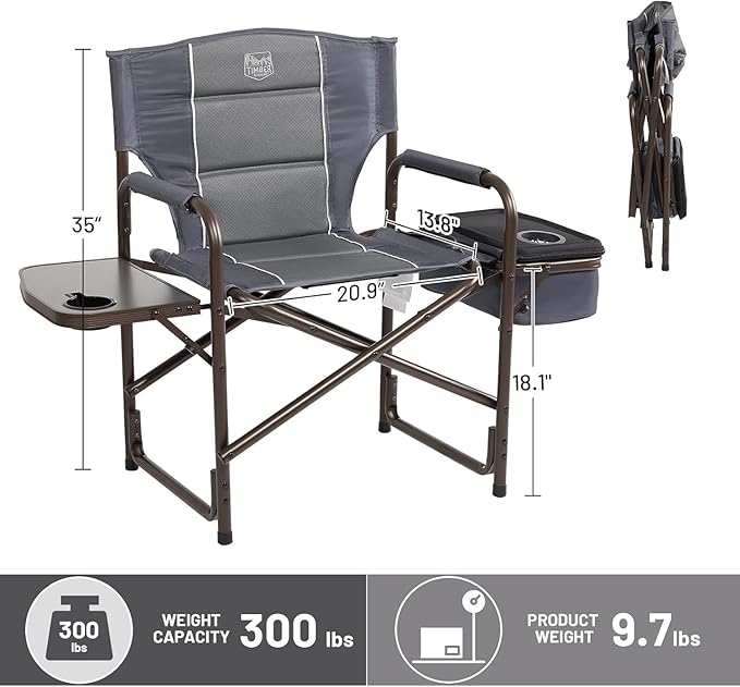 Timber Ridge Folding Camping Chair with Cooler Bag, Director Chair Foldable with Side Table for Adults, Camp Chairs for Outdoor, Lawn, Sports, Fishing, Heavy Duty Supports 300lbs, Grey-2 Pack