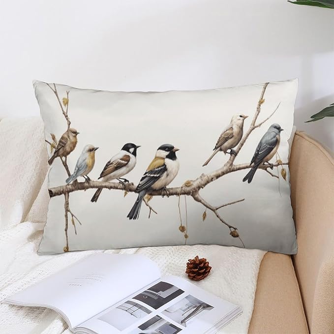 ITFRO Set of 2 Hand-Painted Oil Painting Rustic Forest Wildlife Birds Tree Branches Short Plush Both Sides Lumbar Animal Throw Pillow Cover Cushion Case Sofa Waist Decorative 12x20 Inches (Cream)